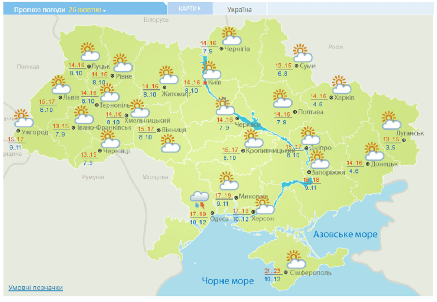 Прогноз погоди в Україні на 26 жовтня