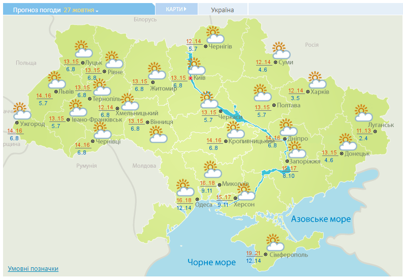 Прогноз погоди в Україні на 27 жовтня