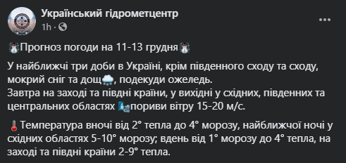 Прогноз погоди в Україні на 11 грудня