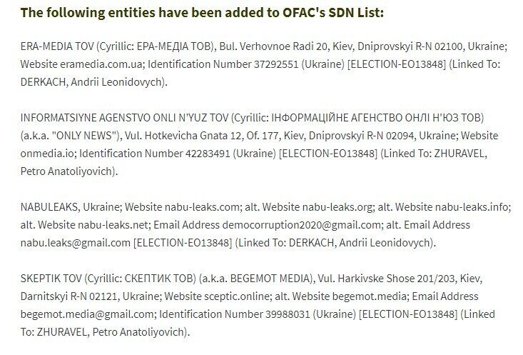 Список сайтів, проти яких запровадили санкції.